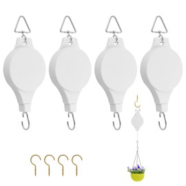 Gueenky Pack of 4 Retractable Hooks for Plants, White Traffic Light Elevator, Hanging Basket, Pulley, Plant Lift, Rope Pulley, Flower Basket Hooks for Hanging Baskets, Plants, with Ceiling Hooks