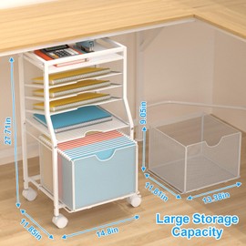 BOHDK Rolling File Cart, 6-Tier Desk File Organizer on Lockable Wheels, White Wood Planks & Mesh Sliding Hanging Folder Drawer, Organization Cart for Office Home School