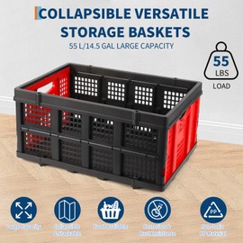 Collapsible Milk Crate, 14.5 Gallon Stackable Heavy Duty Plastic Storage Crate with Handle, 55 Lb Capacity, Folding Storage Busket Foldable Bin for Home Office Farm, Red