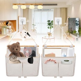 Forhandy Pack of 2 Hanging Organisers, High Capacity Hanging Storage with 3 Compartments, Foldable Linen Wall Organiser, Hanging Wall Storage Bag with 2 Sticky Hooks for Home, Office, Bathroom, Beige