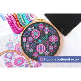 Paper Lanterns Cross Stitch Kit - Optional Hoop - Handmade Modern Craft for Adults - Create Your Own Home Décor Sewing - with Zweigart Fabric and DMC Thread - Independent UK Seller