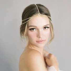 Fdesigner Cadena para cabeza de cristal para boda, estilo boho, con estrás en capas, para mujeres y niñas