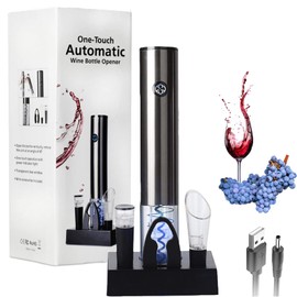 Sacacorchos Electrico de Vino Recargable, OPUEW Destapacorchos Electrico con 3 Accesorios Extra, Destapador de Vino Profesional Ideal para Regalo, Fiesta, Hogar, Cocina, Bar