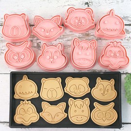 8 Mini Animal Cookie Cutters Set, 3D Raised Design Animal Embossing Stamps, Shark, Raccoon, Squirrel, Ostrich, Fox, Horse, Owl, Baking Molds (Forest-2)