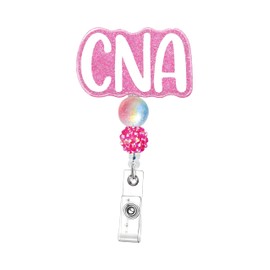 CNA Badge Holder with Pink Crystal Beads, 360° Swivel, Metal Alligator Clip, Retractable