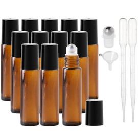 Essential Oil Roller Bottles, 10ml Thick Glass Perfume Roller Bottles with Funnel Opener and Dropper Colored Glass Empty Bottles with Stainless Steel Roller Balls (Brown - black cover, 12 Pack)