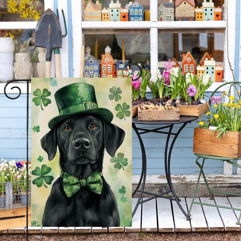 Wordatu Happy St. Patrick's Day Black Labrador Dog Garden Flag