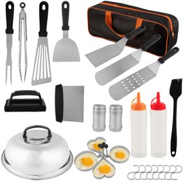 Griddle Accessories - 28PC Grill Set with Stainless Steel Spatulas, Tongs, Cleaner, Dome, and Carry Bag - Flat Top Grill Accessories by Home-Complete