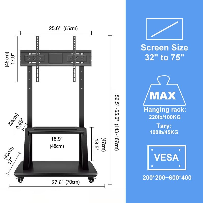 Hellsehen Mobile TV Stand,Rolling TVs Cart on Wheels Height Adjustable