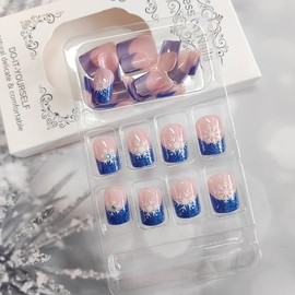 24Pcs BMKKOT Christmas Nails Short French Tip Press on Nails with Snowflake Charm Rhinestones Design Square False Nails Christmas Fake Nails Winter Glue on Nails Glitter Blue French Manicure for Women