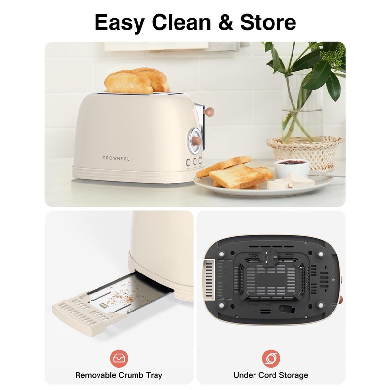 CROWNFUL 2-Slice Toaster, Extra Wide Slots Toaster, Retro Stainless Steel