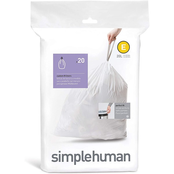 simplehuman Code E Custom Fit Drawstring Trash Bags, 20 Liter / 5.3 Gallon, White, 20 Count