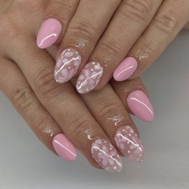 24 Pcs Extra Short Press on Nails Almond Nail Tips,YEFIUO Flower Acrylic Nail Kit Summer Pink Fake Nails Press ons Glue on Nails Full Cover Reusable False Nails with Strong Jelly Glue Tool for Ma'am
