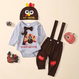 Tinypainter Baby Boy Thanksgiving/Christmas Outfit Turkey/Santa Romper+Suspender Pants My 1st Thanksgiving Clothes