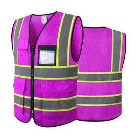 ASIPHITU Reflective High Visibility Safety Vest for Men Women Security with Pockets Zipper Front for Work Vest with Reflective Strips Meets ANSI/ISEA Standards(H-Pink-Purple-XL)