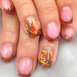 Thanksgiving Press on Nails Square Short Fake Nails Glitter French Tip Nails Press ons Glossy Glue on Nails Fall False Nails with Maple Leaf Designs Pink Stick on Nails for Women 24Pcs