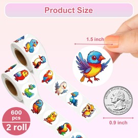 UVUXO 600 Pcs Bird Stickers for Kids- 1.5 Inch Round Stickers Roll 16 Tyles Cute Bird Kindergarten Stickers Teacher Stickers for Kids Birthday Party School Reward Giveaways