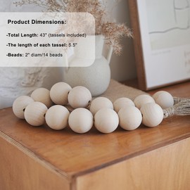 RUIRUICO Extra Large Wood Bead Garland with 2" Diameter Wooden Beads, Wooden Beads Garland with Tassels, Decorative Beads for Farmhouse Decor (Natural, 43 Inches)
