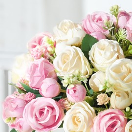 Fake Roses Artificial Flowers, 6 Pack Rose Fake Flowers for Decoration, Real Touch Champagne Pink Mixed Roses Bouquets Silk Flowers for Vase Centerpiece Table Wedding Party Bridal DIY Decor