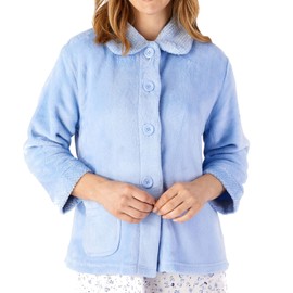 Slenderella Womens Button Up Coral Fleece Bed Jacket Housecoat with Waffle Detail - XL (Blue)