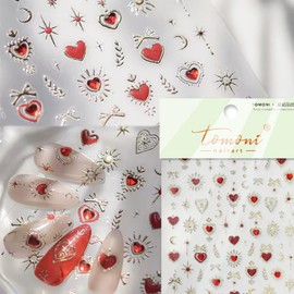 Heart Nail Art Stickers 5D Embossed Red Gold Heart Star Nail Decal Retro Valentine's Day Nail Stickers Self-Adhesive Nail Design Heart Stickers DIY Valentines Manicure Decoration Kit for Women Girls