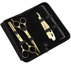 Barber Hair Scissors Cutting & Thinning Scissors Kit Straight Edge Razor Comb with Black Storage Case With Free Blades (Gold 6.5 Inch)