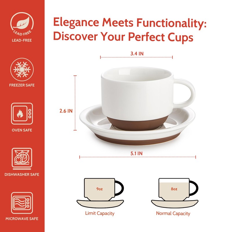 Sweese 8 Ounce Cappuccino Cups Set of 4, Porcelain Stackable
