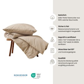 Schiesser Laura Bed Linen Set, Cotton Seersucker, 100% Cotton from Sustainable Production, 135 x 200 cm + 80 x 80 cm, Light Taupe