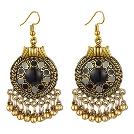 Vintage Bohemian Ethnic Chandelier Tassel Hoop Earrings Retro Style Fringes Tassels Gypsy Drop Dangle Earring For Women (Gold Black)