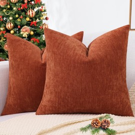 decorUhome Christmas Couch Throw Pillow Covers 20x20 Set of 2, Decorative Soft Chenille Solid Dyed Pillow Covers for Sofa Bed Living Room, Rust