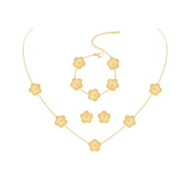 JIEMUCHU Gold Plated Stainless Steel Four Leaf Clover Bracelet, Necklace and Stud Jewelry Set for Women (Gold Stripe-Gold Plated)