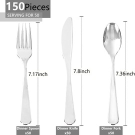 Joyido 150 PCS Silver Plastic Silverware - Silver Plastic Flatware Disposable - Heavy Duty Disposable Utensils Sets Includes 50 Forks, 50 Spoons, 50 Knives for Party & Wedding