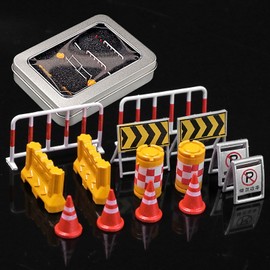 kivcmds 14pcs Miniature Construction Site Set, Including Barrier Fence, Warning Signs, Traffic Cone, Isolator, Anti-Collision Bucket, Road Work Micro Landscape Scene Decoration Roadblock