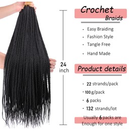 Crochet Box Braid Pre looped Crochet Braids 3X Goddess Box Braids Crochet Hair for Black Women 6 Packs 24 Inch Knotless Straight Synthetic Braiding Hair(Off Black 1B#)