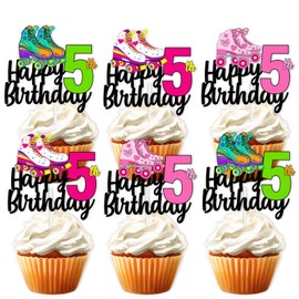 18pcs Colorful Glitter Roller Skates Dessert Cupcake Topper 80s 90s Retro Hip Hop Roller Skating Theme Decor Supplies Boys Girls 5th Happy Birthday Party Decorations