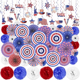 78 PCS 4th of July Patriotic Hanging Decorations Red White Blue Round Paper Fans Pom Poms Flowers Hanging Swirls with Americans USA Flag Fourth of July Memorial Day Independence Day Party Decor
