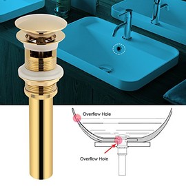 Drenaje para Fregadero con Desbordamiento, Tapón de Desagüe Emergente, para Cocina Lavabo/Baño Bañeras, Latón Macizo, Universal para Orificio de Drenaje Estándar, Operación de Botón(Dorado)