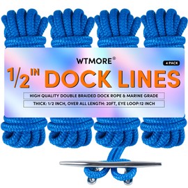 Dock Lines Boat Ropes for Docking 1/2" x20' Double Braided Mooring Marine Rope Boat Lines for Docking, Dock Lines for Boats with Loop, Boating Rope Boat Lines Lake Blue 4 Pack