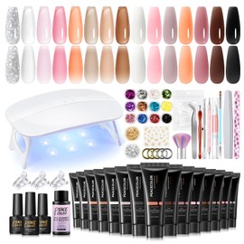 PEACECOLOR Poly Nail Gel Kit, 15 Colors Poly Nail Extension Gel with Nail Lamp Slip Solution Nail Starter Kit with Base Top Coat Manicure DIY Nail Art Salon Kit