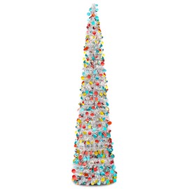Warmiehomy 5ft/150cm Collapsible Christmas Tree Glittering Pencil Christmas Trees with Sequin Artificial Pop up Tinsel Tree Christmas Decorations for Home, Store, Office, Silver