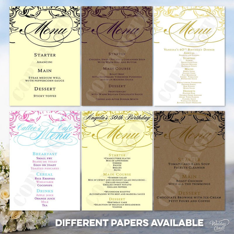 10 x Wedding Menu Party Menu Table Cards A6