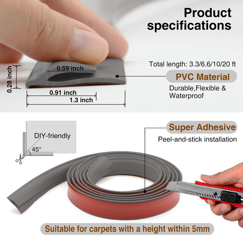Flexible PVC Carpet Edge Trim Strip, Self-Adhesive, Cuttable Floor Transition