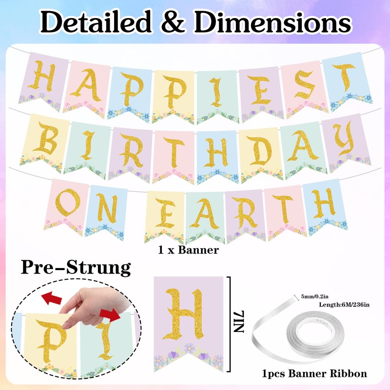 Colorful Happiest Birthday on Earth Banner, Pre-Strung Princess Theme Decor