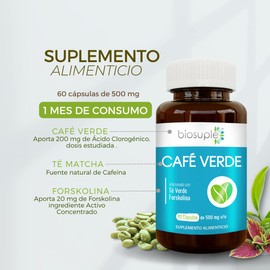 BIOSUPLE | Café verde extracto estandarizado 60 capsulas, Adicionadas con Té verde y Forskolina | Suplemento alimenticio Termogenico.