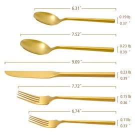 DEACORY Silverware Set Flatware Set Matte Gold Cutlery Set Brushed Brass Heavy Hexagon Handle Stainless Steel 20 Pieces Dishwasher Safe Service for 4