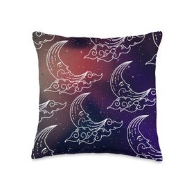Luna Pagan Astrology Clouds Galaxy Stars Face Crescent Moon Throw Pillow