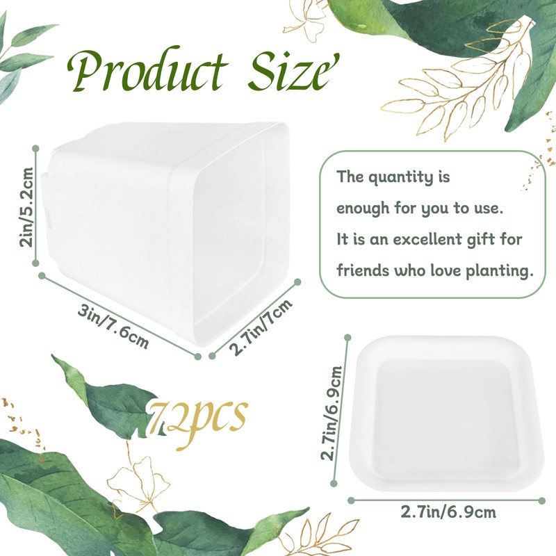 OJYUDD 72 Pcs 3 Inch White Square Plastic Pots with