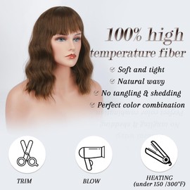 Barsdar Short Bob Wigs with Fringe Shoulder Length Women Short Wig Curly Wavy Synthetic Cosplay Wig for Girls Costume Wigs Colourful Natural Wavy Wigs Brown