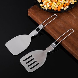 MOUMOUTEN Folding Spatula, 2Pcs Mini Portable Stainless Steel Camping Spatula with Folding Handle, Metal Foldable Spatula Picnic Tableware Food Spatula for Traveling Cooking Hiking BBQ