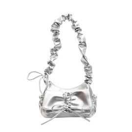 RoseSeek Women's Y2K Metallic Bowknot Shoulder Handbag Ruched Zipper Flap Underarm Bag Elegant Purse, Silver, One Size